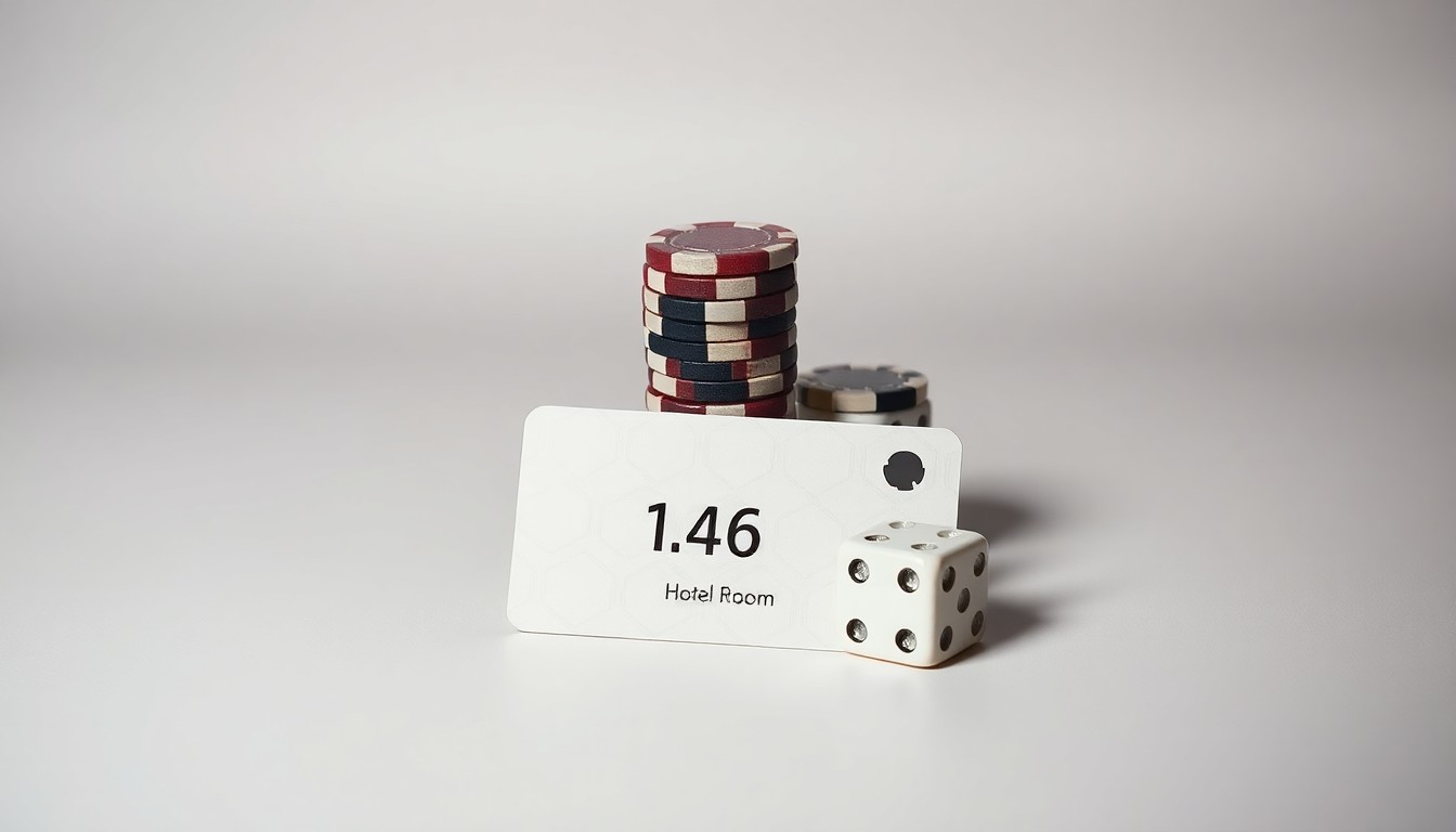 A photorealistic studio still life featuring a stack of casino chips, a pair of dice, and a hotel room key card arranged elegantly on a clean, monochromatic background, symbolizing the finance, risk, and hospitality aspects of the gaming industry.