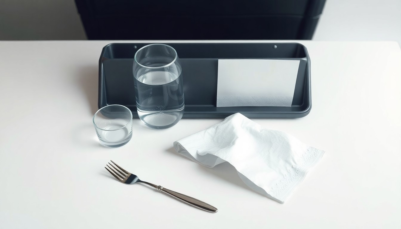 A photorealistic studio still life featuring a set of airline meal trays, utensils, and a crumpled napkin, conceptually representing the operational challenges faced by airlines due to catering issues.