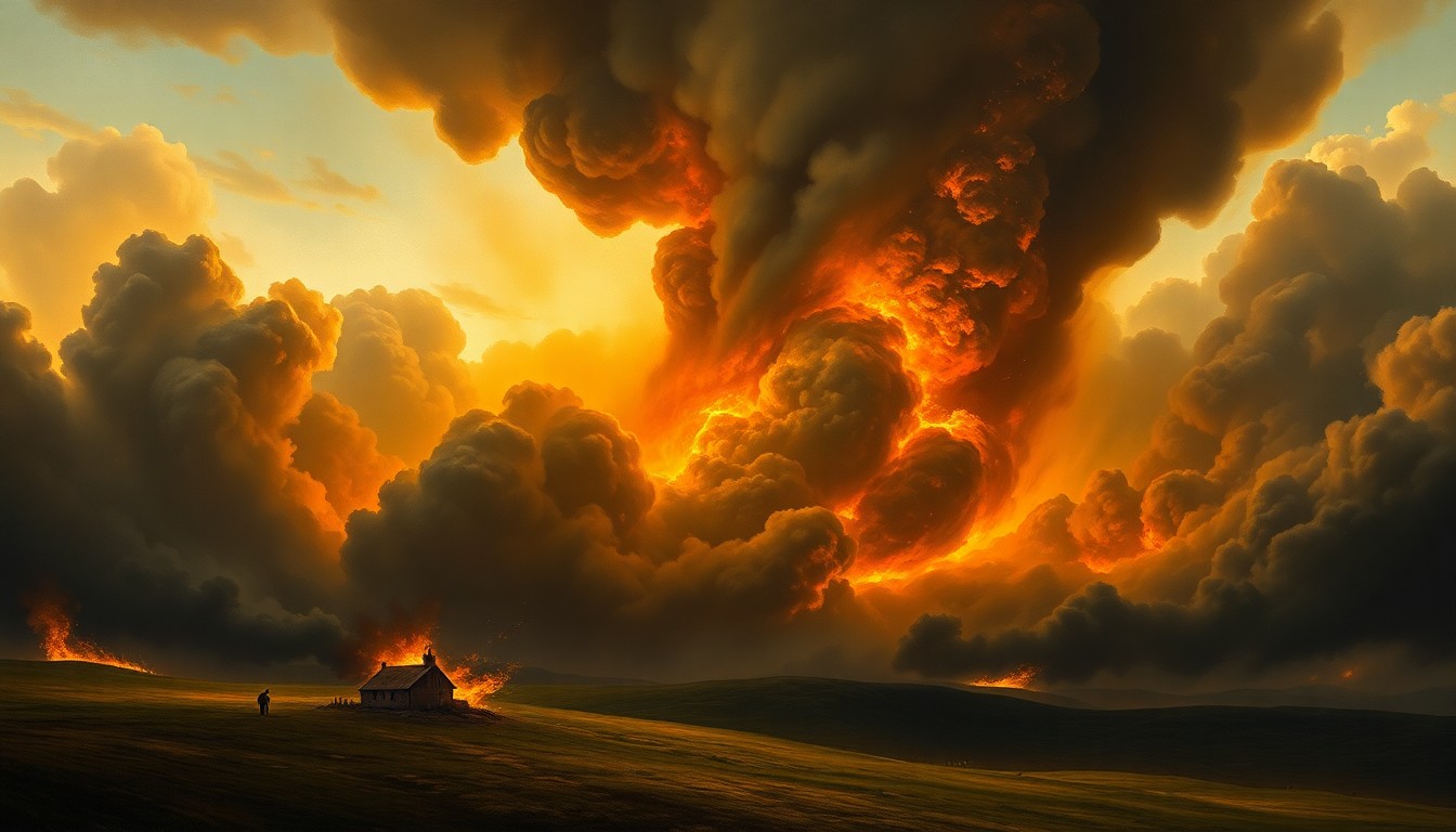 A dramatic landscape painting in the style of Caspar David Friedrich, depicting a small building engulfed in flames, with billowing clouds of black smoke obscuring the sky and conveying the overwhelming scale of the natural disaster.
