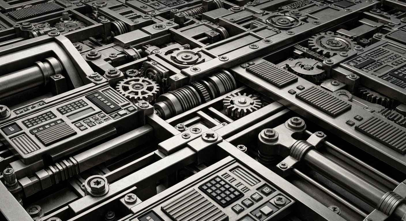An extreme close-up of complex, industrial banking machinery and mechanisms in shades of steel gray, bronze, and black, conceptually representing the inner workings and potential volatility of the financial system.