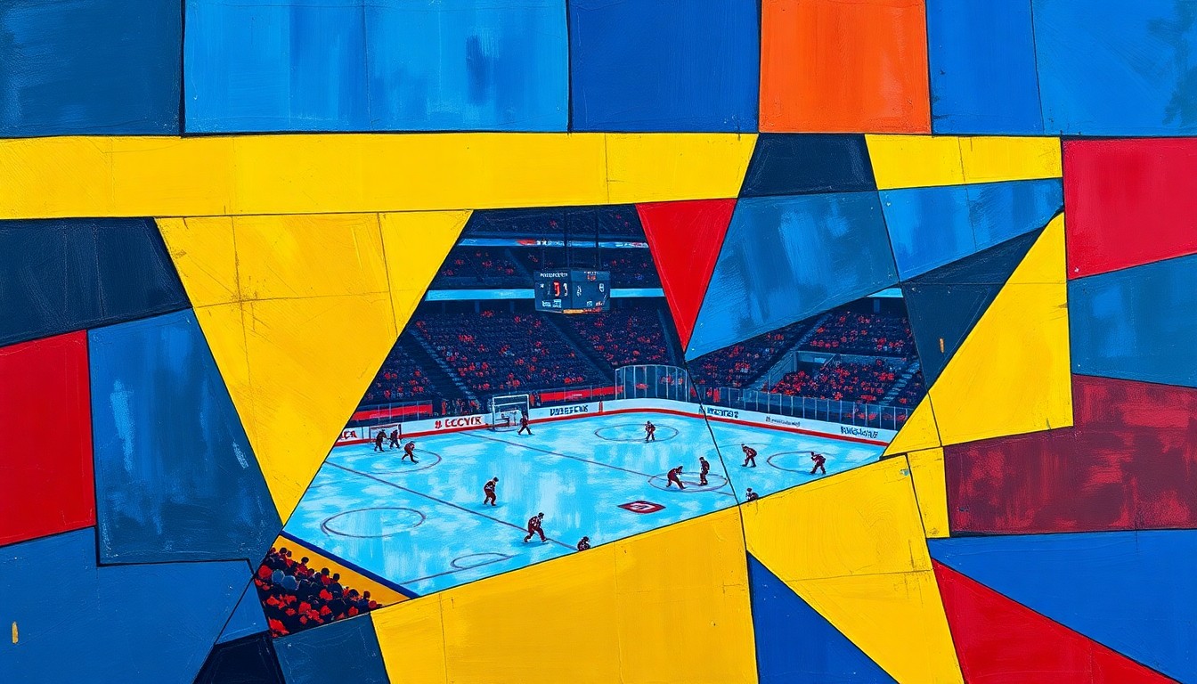 A cubist, geometric painting depicting the dynamic action of a hockey game, with overlapping planes of color and form representing the speed and intensity of the sport.