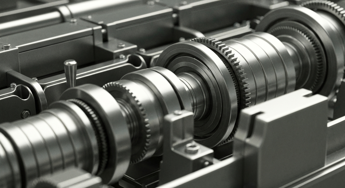 An extreme close-up of various metal components and gears of a banking machine, representing the secure, powerful infrastructure of the financial system.