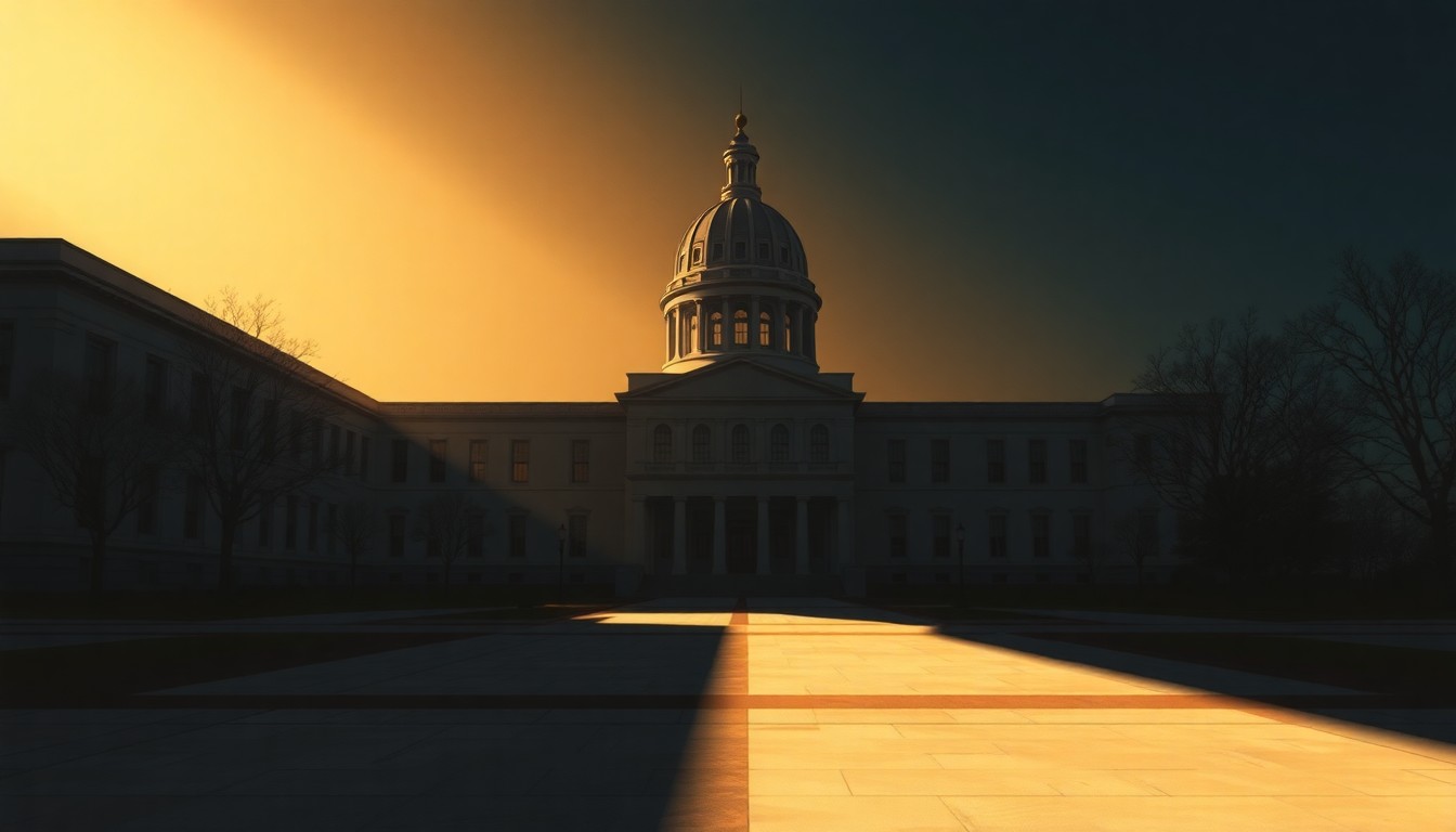 A serene, photorealistic painting of a Nebraska state capitol building in warm, golden light, with long shadows cast across the facade, conveying a sense of political tension and division.