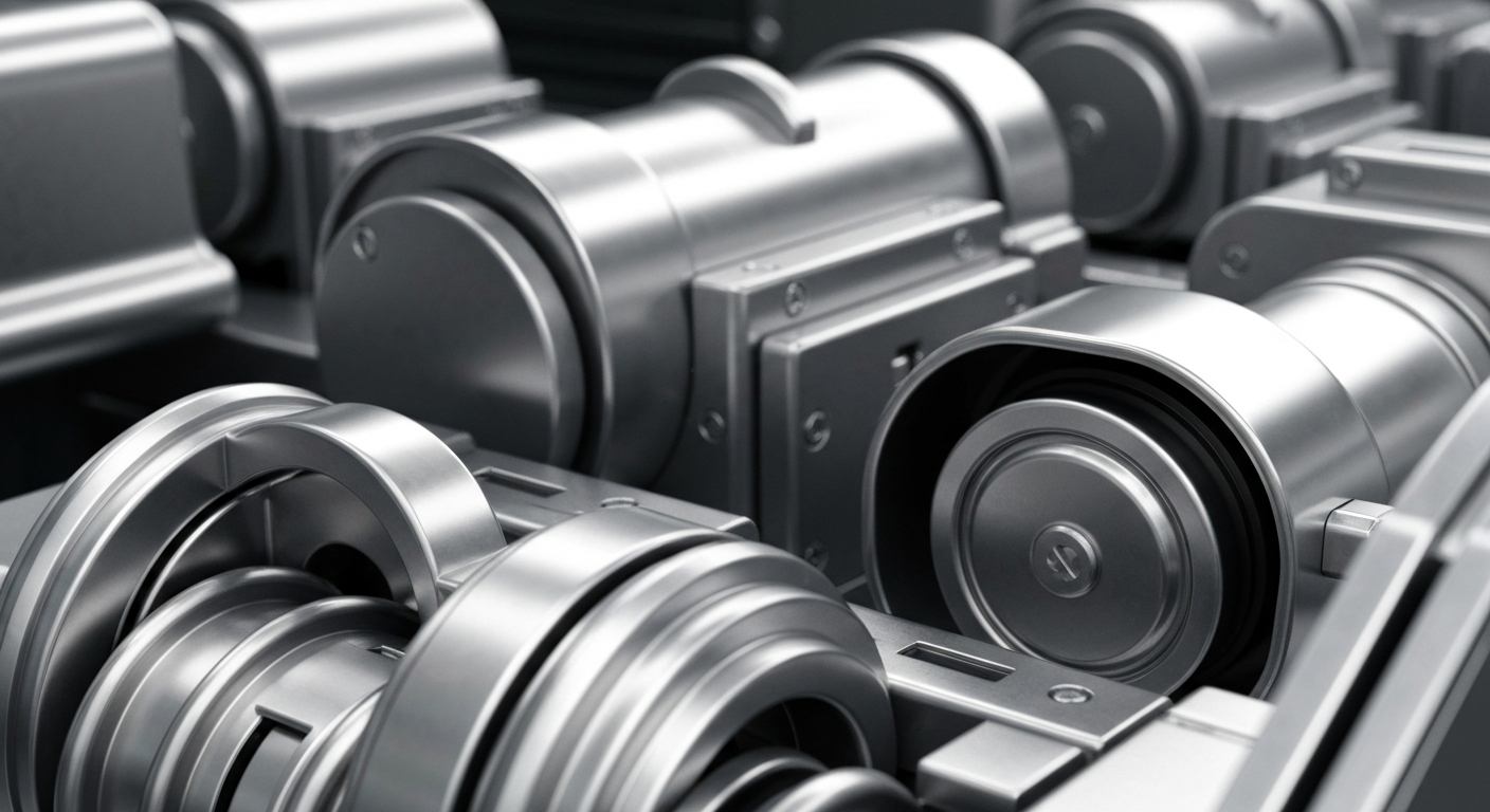 A highly detailed, macro-level view of gleaming, industrial banking equipment and machinery, conveying a sense of the physical, institutional foundations of the financial system.