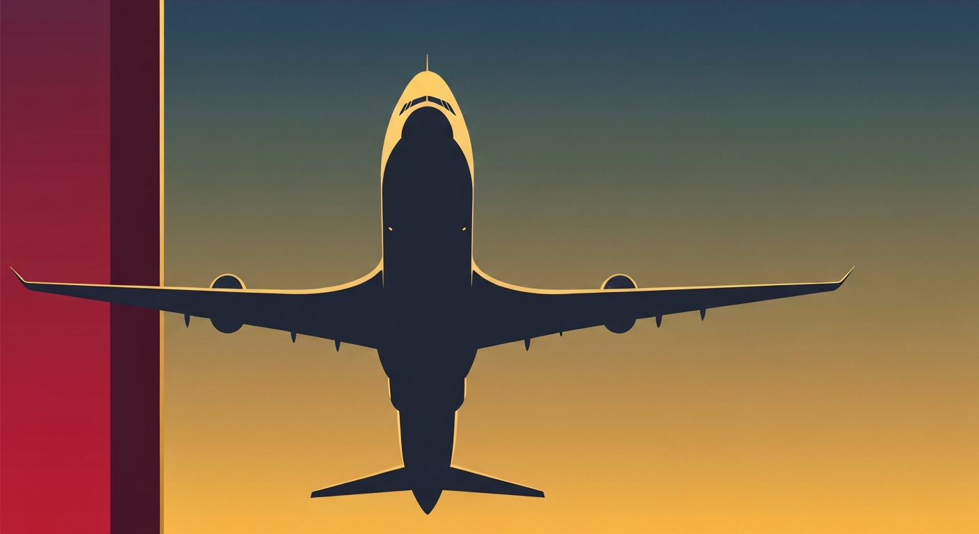 A highly stylized, geometric illustration depicting the silhouette of a large aircraft against a vibrant sky gradient, conveying the grand scale and technical complexity of air travel without any specific details.