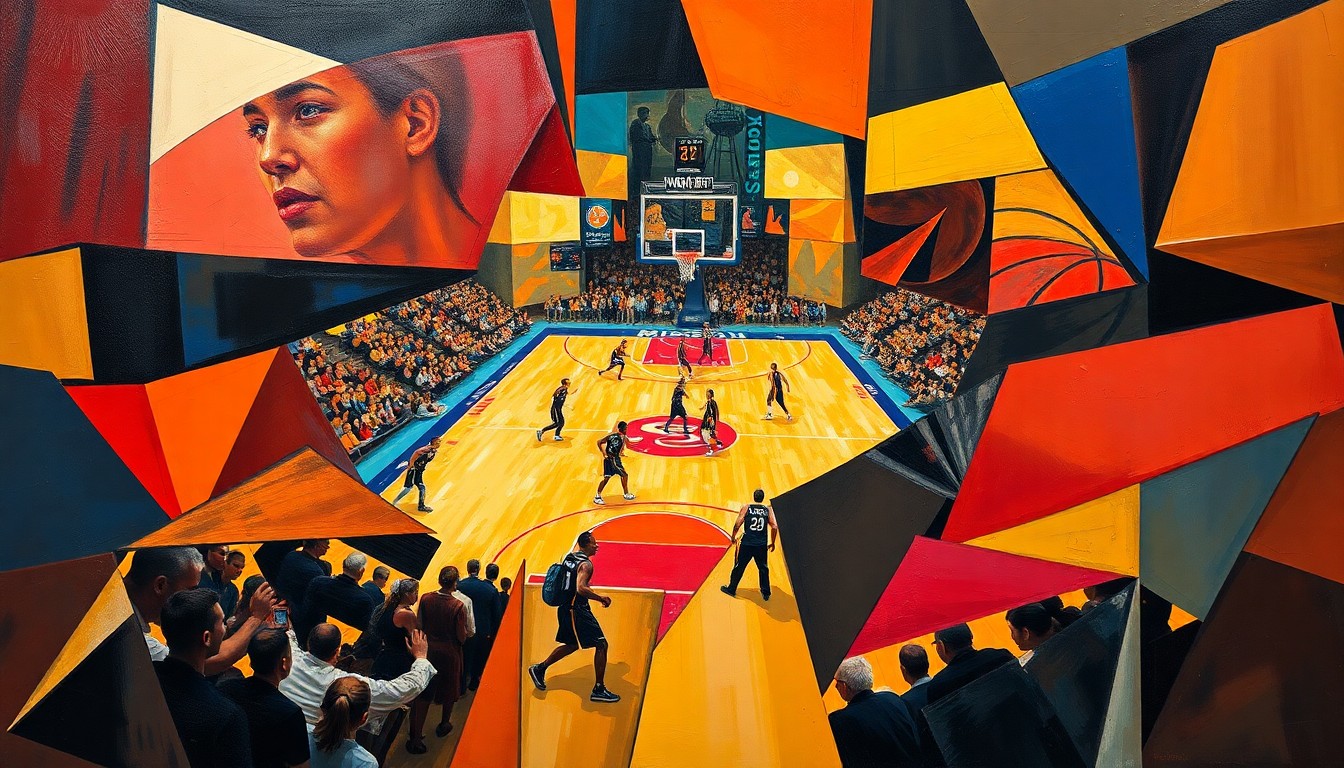 A fragmented, geometric painting depicting a WNBA basketball game, with the players and court broken down into sharp, overlapping shapes and planes, conveying the complex dynamics surrounding the personal relationship between two teammates.
