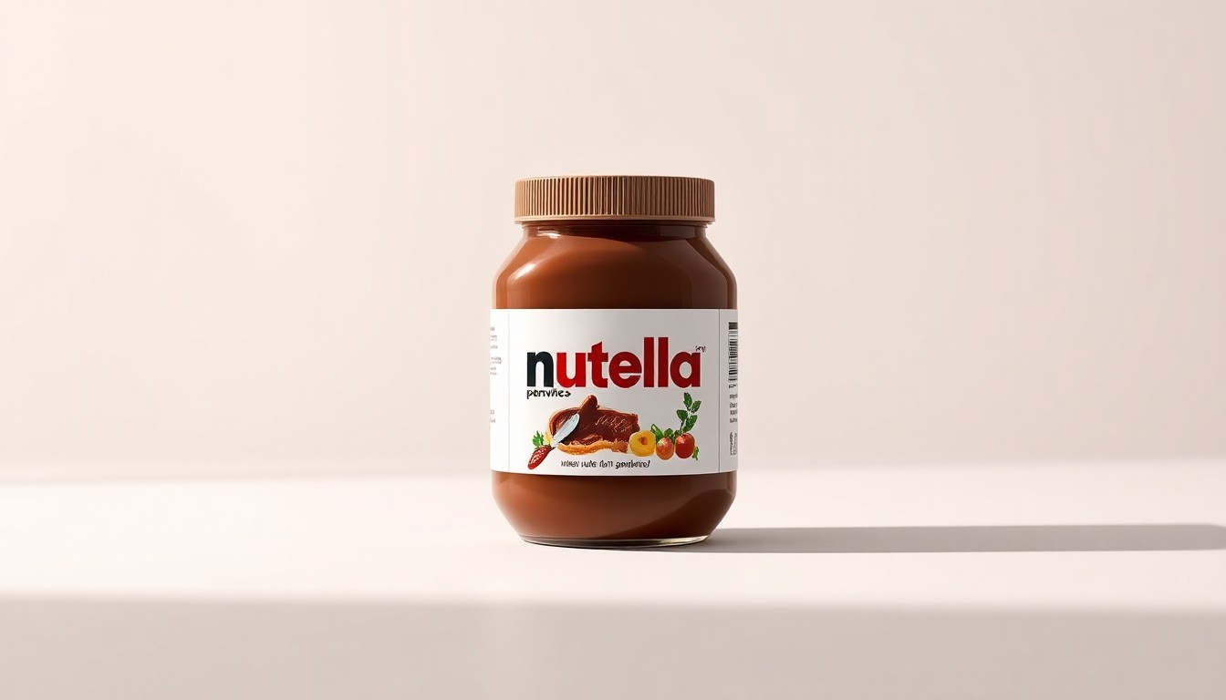 A high-end, photorealistic studio still-life photograph of a single jar of a new Nutella flavor product, with the jar placed on a clean, monochromatic background and lit dramatically to create deep shadows, conceptually representing a classic brand evolving.