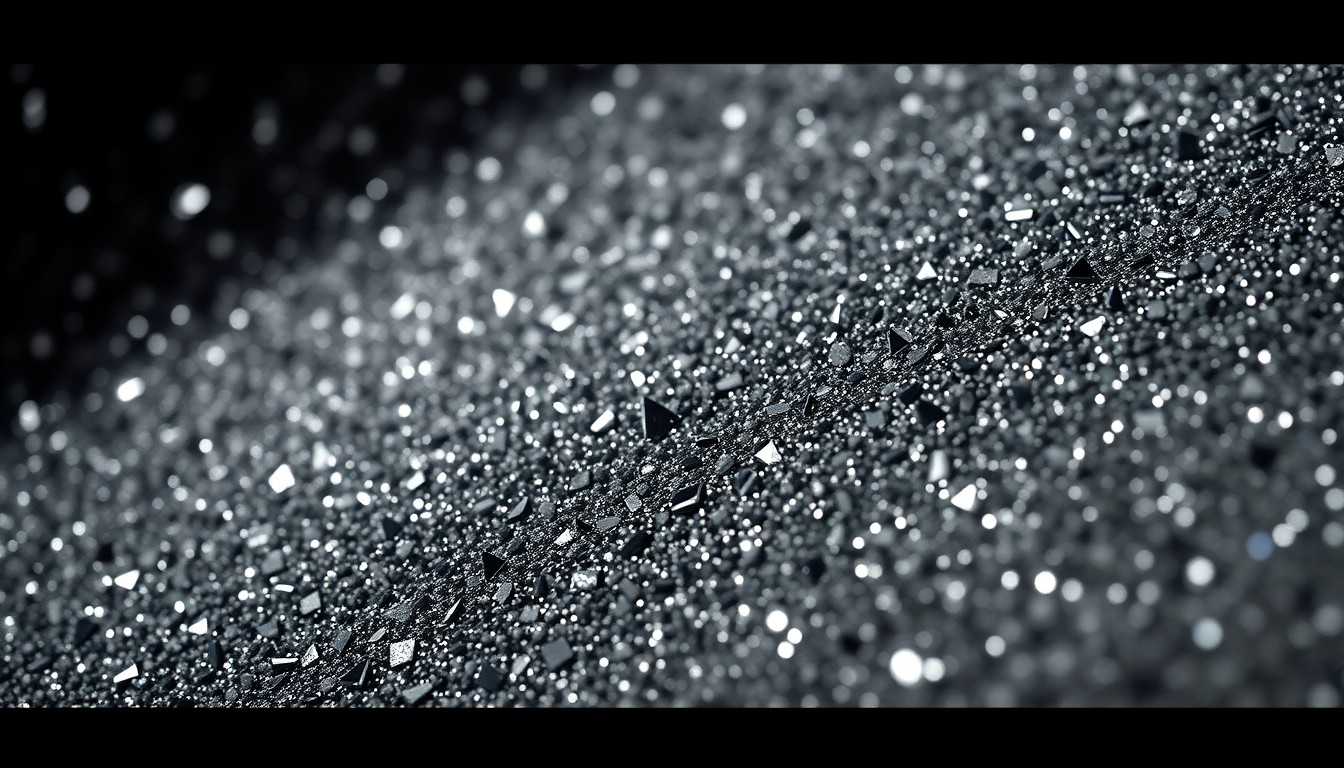 An extreme close-up photograph of a shimmering, glittering texture in dramatic, high-contrast lighting, evoking the luxurious aesthetic of Joanna Carson's art collection.