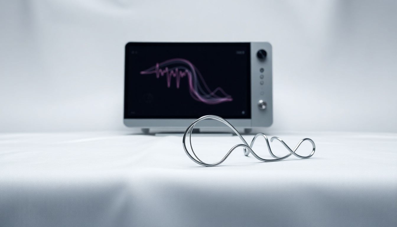 A photorealistic studio still life featuring a polished metal stent device and a sleek medical monitor on a clean, monochromatic background, conceptually representing the advanced cardiovascular technology of Boston Scientific.