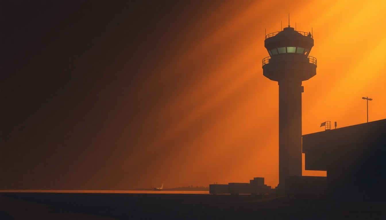 A photorealistic painting of an airport control tower in warm, golden light, with the building's angular architecture and solitary presence conveying a sense of political tension and uncertainty.