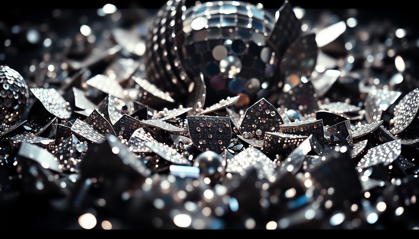 An extreme close-up photograph of sparkling, reflective sequins and shattered disco ball fragments, creating an abstract, high-contrast texture that evokes the glamour and spectacle of a major Hollywood movie announcement.