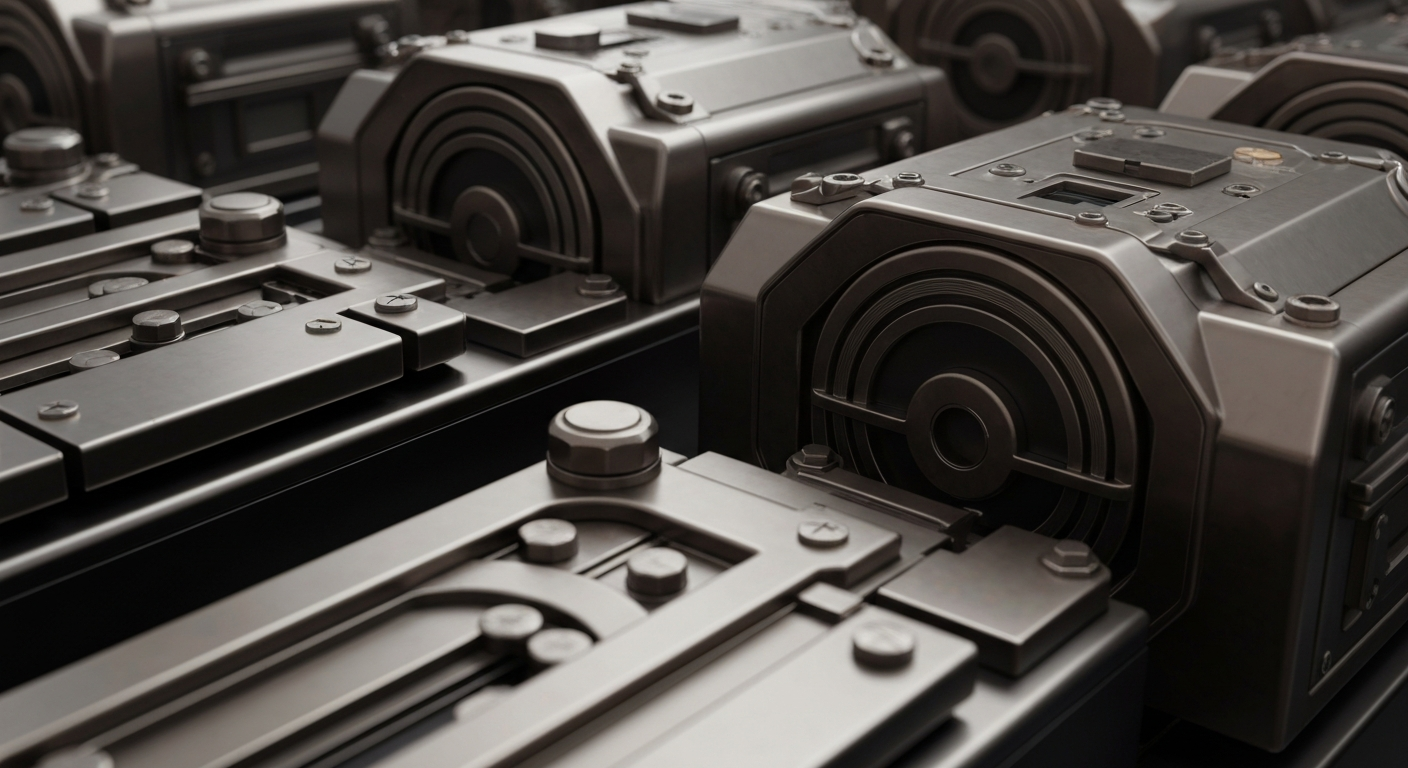 A highly detailed, macro-level view of the heavy, metallic components and machinery that make up the physical infrastructure of the banking and finance sectors, conveying a sense of the industry's secure, powerful foundations.