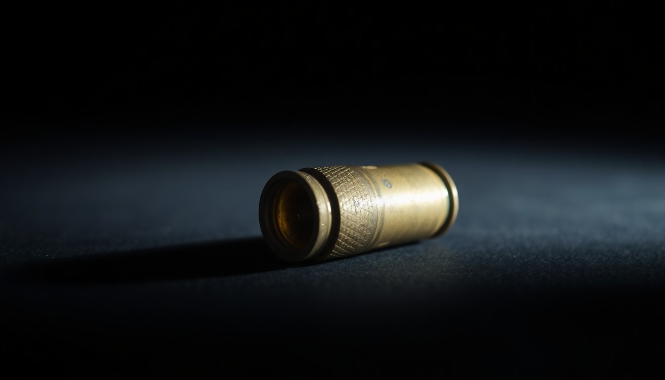 An extreme close-up photograph of a spent shell casing on a dark surface, conveying the gritty, investigative nature of this crime story through dramatic lighting and minimal detail.