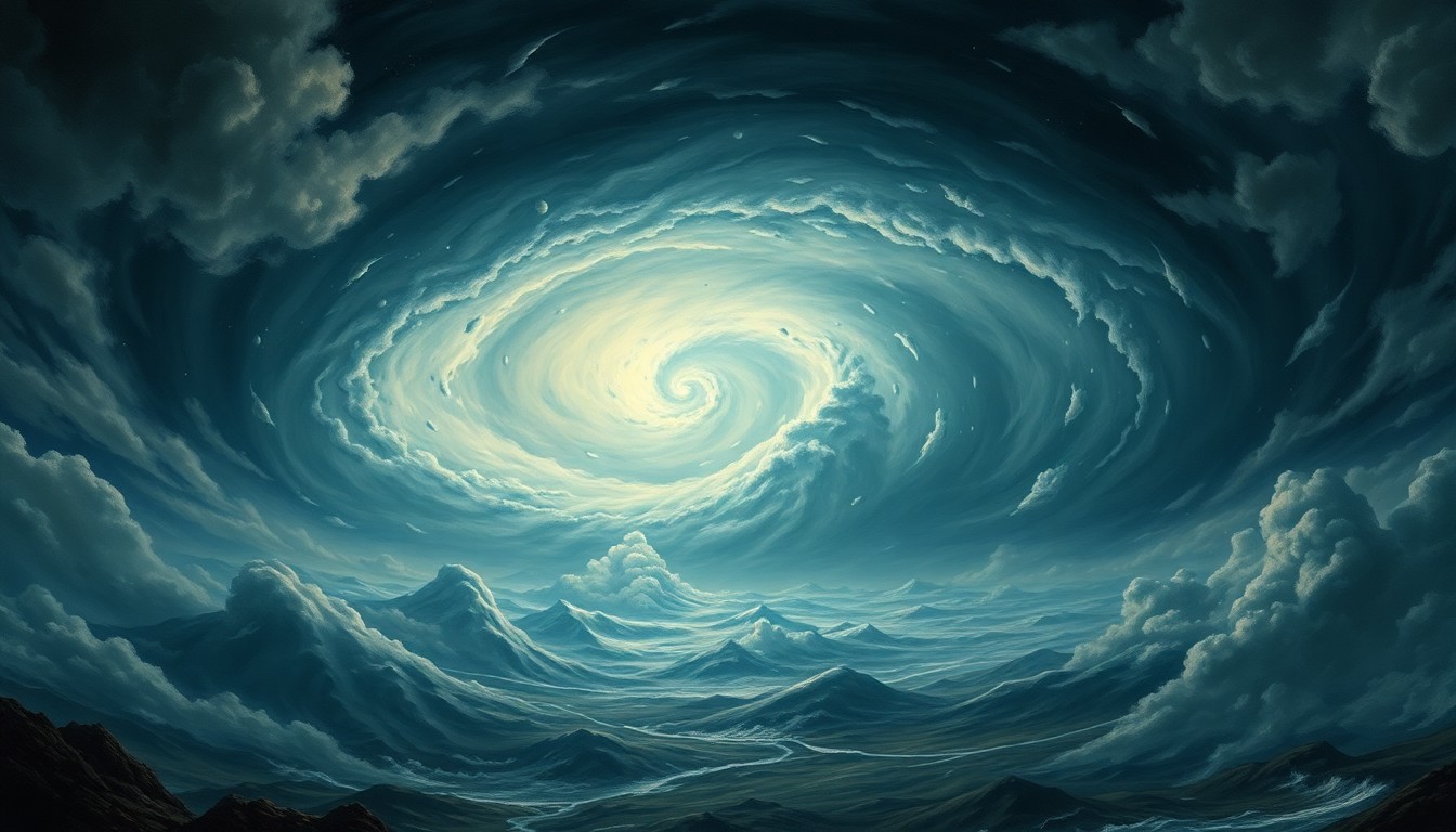 A sweeping, atmospheric landscape painting in muted tones of gray, blue, and green, with a massive hurricane system dominating the horizon and dwarfing any physical structures or objects in the foreground, conveying a sense of the overwhelming, sublime power of nature.