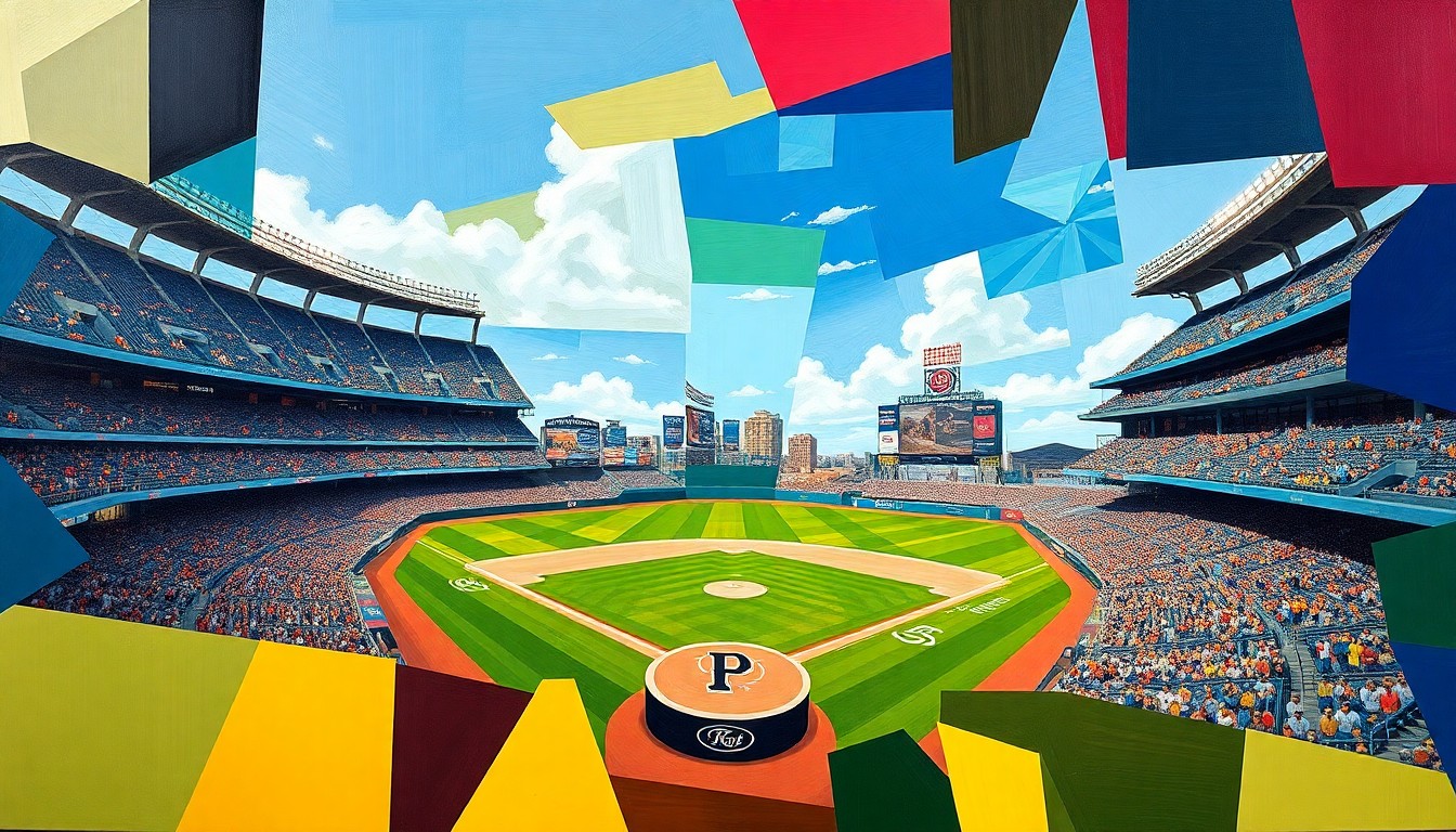 A fragmented, geometric painting depicting a baseball game between two teams, with sharp planes of color and overlapping perspectives representing the dynamic action on the field.