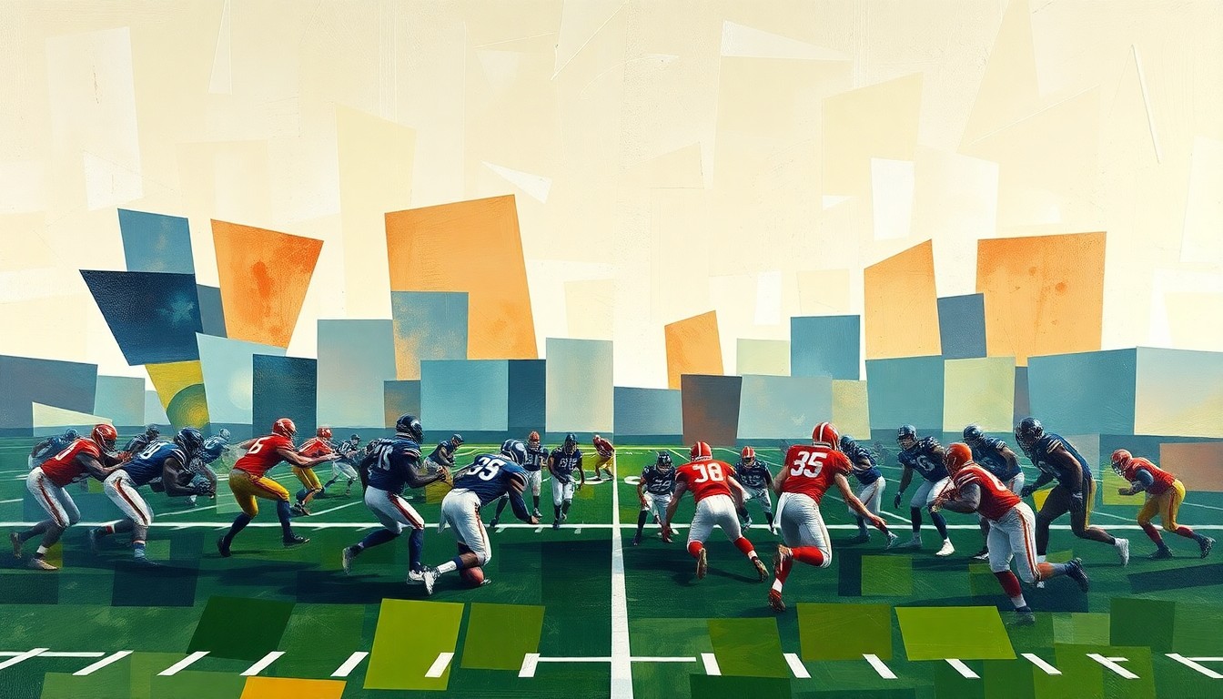 A fractured, geometric painting in the style of Pablo Picasso, with overlapping planes of color and shape representing a football practice or game. The players and field are deconstructed into abstract forms, conveying the conceptual idea of an athlete's personal growth and spiritual journey during the offseason.