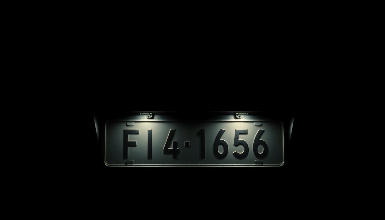 An extreme close-up photograph of a car's license plate, lit by a harsh, direct camera flash against a pitch-black background, conceptually illustrating the investigation and apprehension of a wanted suspect during a traffic stop.