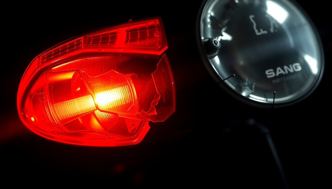 An extreme close-up photograph of a damaged motorcycle part, such as a broken mirror or shattered taillight, lit by a harsh, direct camera flash against a pitch-black background, conceptually illustrating the gritty aftermath of a fatal motorcycle accident.