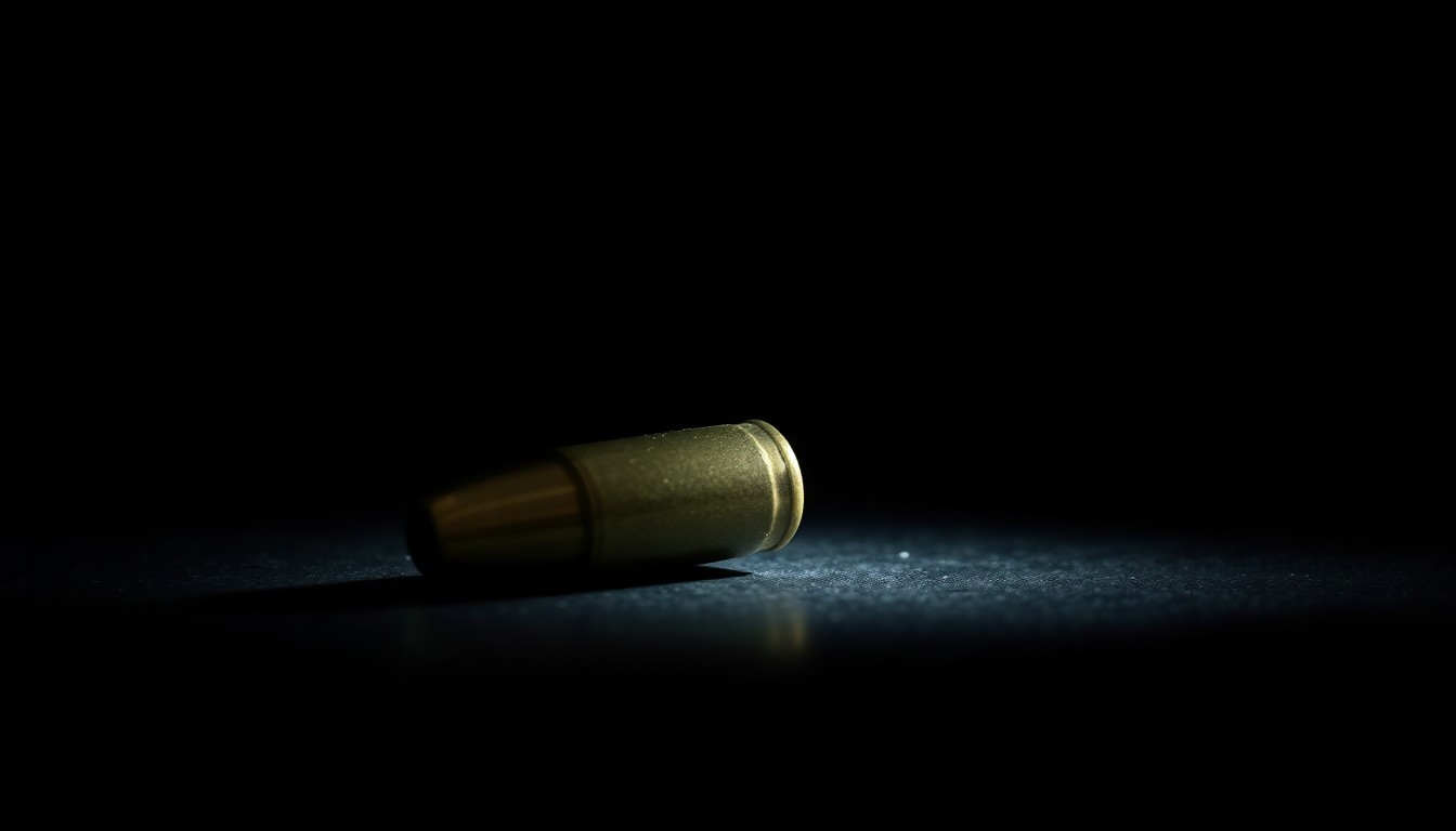 An extreme close-up photograph of a single spent bullet casing on a dark surface, lit by a harsh, direct camera flash, conceptually representing the evidence at the center of a self-defense case.