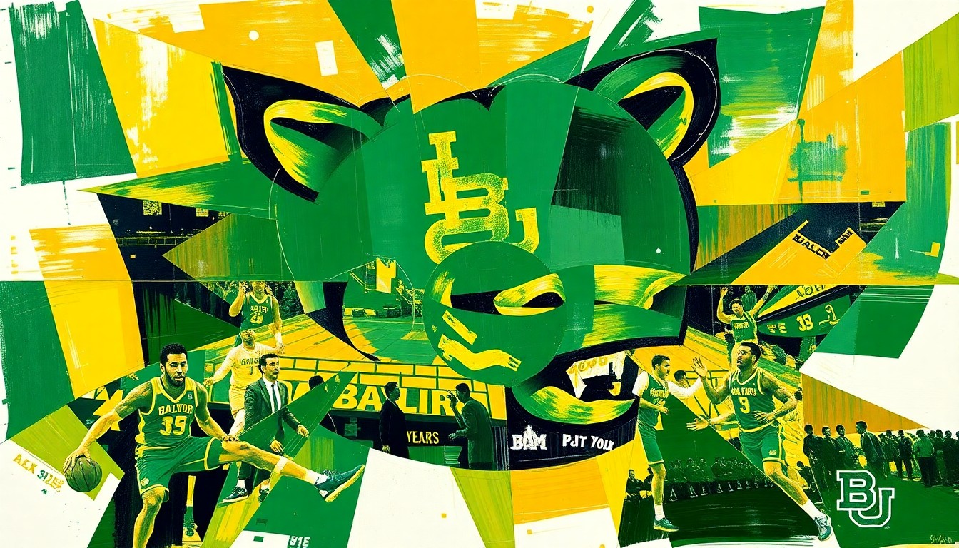 A cubist, geometric painting featuring overlapping planes of green and gold, conceptually representing the changes and uncertainty facing the Baylor Bears basketball team.