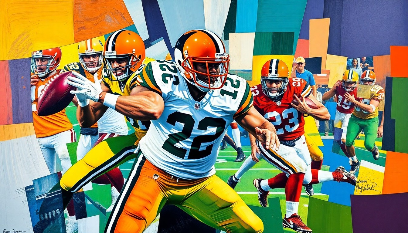 A fragmented, geometric painting in bold colors depicting the movements and actions of a football player, conveying the conceptual idea of the strategic considerations behind team decision-making in the NFL.