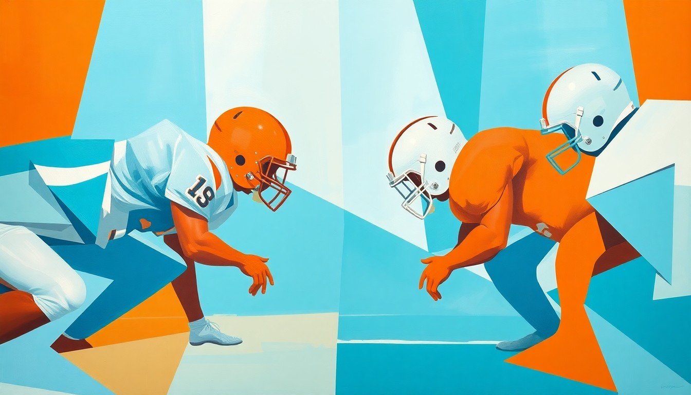 A fragmented, geometric painting depicting an NFL offensive line, with players and equipment broken down into sharp, overlapping planes of color, representing the transition of a new player stepping into a crucial position.