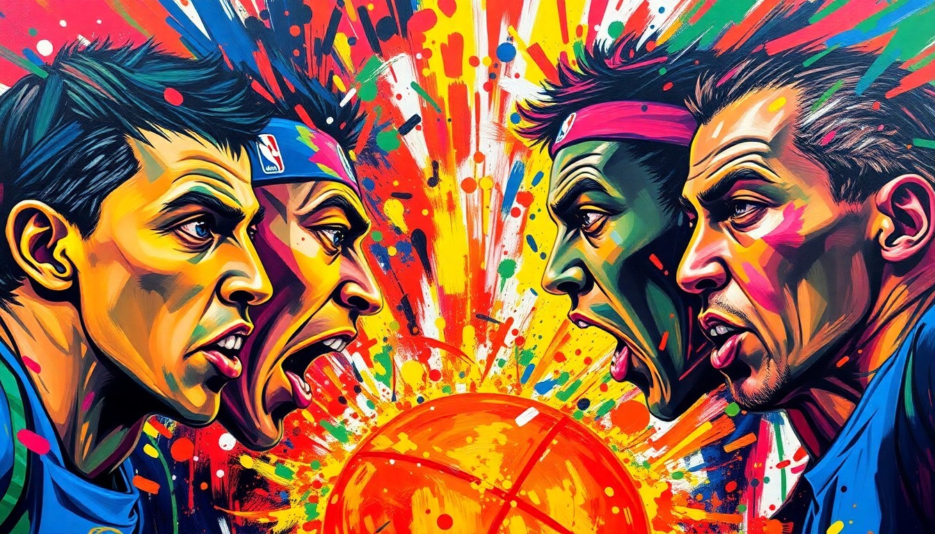 An abstract expressionist painting in vibrant neon colors, with rapid brushstrokes and distorted shapes representing the raw emotion and energy of a heated college basketball rivalry.