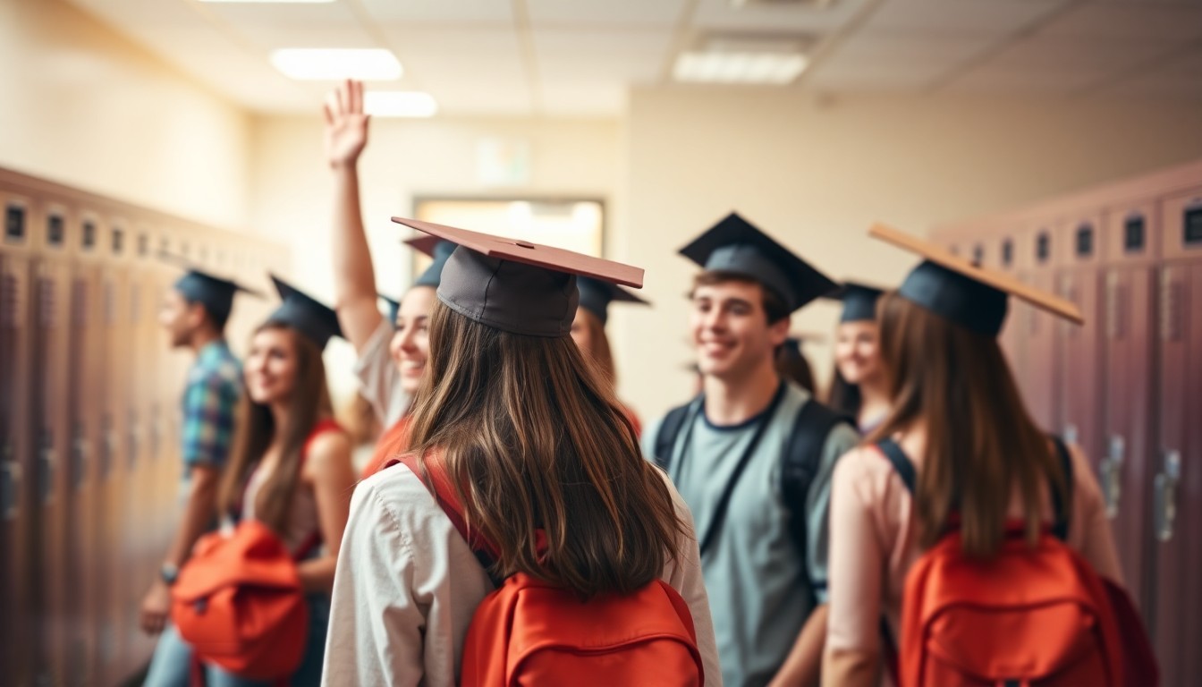 An abstract, out-of-focus photograph in warm, hazy tones depicting a group of high school students celebrating their academic achievements, with blurred backgrounds of school hallways and graduation caps, conceptually representing the emotional impact of the scholarship program.