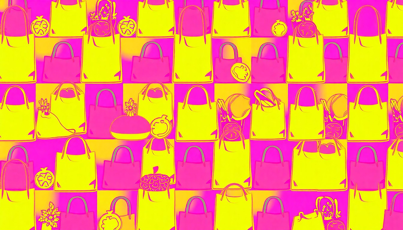 A brightly colored, high-contrast silkscreen print of a reusable grocery bag, repeated in a tight grid pattern in bold neon colors, conceptually representing the iconic natural foods store and its community-driven values.