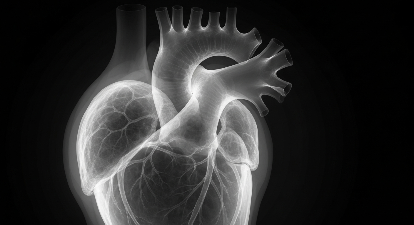 A translucent X-ray photograph revealing the intricate internal structure of a human heart, with glowing lines and ghostly details against a dark background, conceptually representing the advanced medical technology and procedures that will be offered at the new cardiovascular surgery center.
