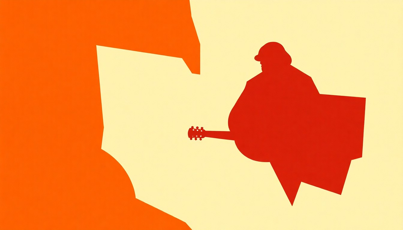 An abstract, minimalist composition featuring jagged, overlapping shapes in warm, earthy tones, conceptually representing the collaboration between the Toy Factory and bluegrass musician Sam Bush.