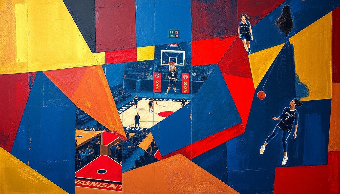 A fragmented, geometric painting in navy, crimson, and gold hues depicting the action and movement of a WNBA basketball game through an abstract, cubist lens.