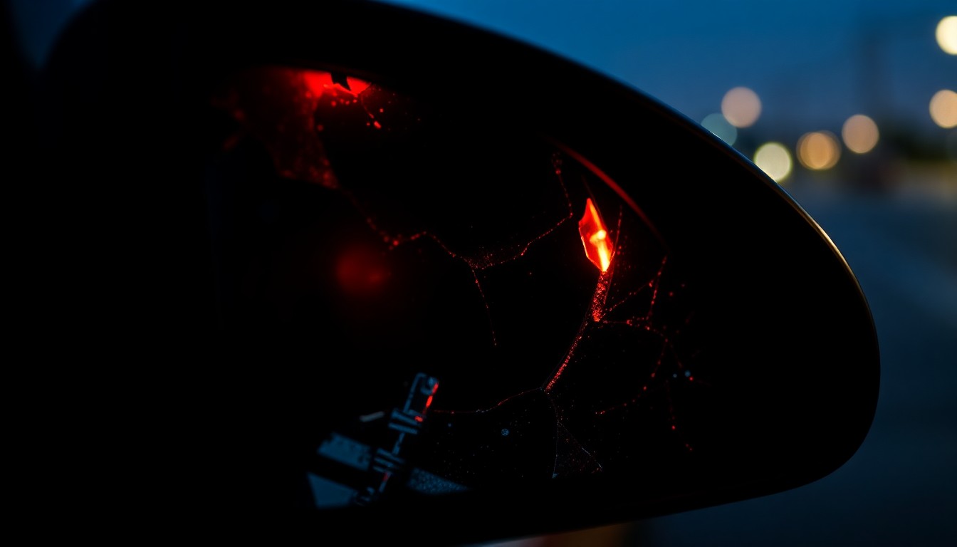 An extreme close-up of a shattered car side mirror lens reflecting a faint red light, conceptually representing the aftermath of a hit-and-run incident.