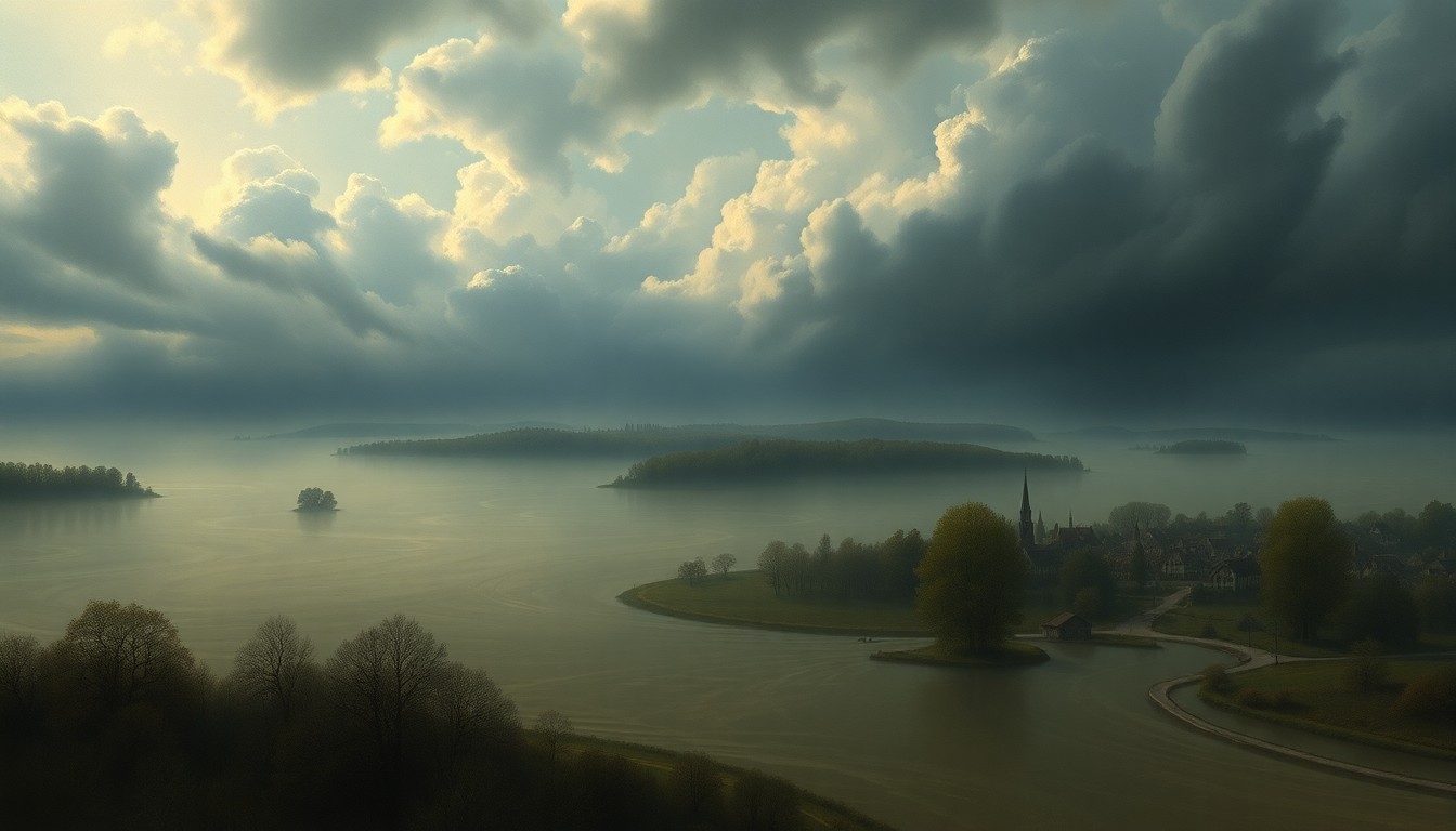 A sweeping, atmospheric landscape painting in muted tones, with only the tops of buildings and trees visible above a vast, swirling body of water, conveying the overwhelming power of a natural disaster.
