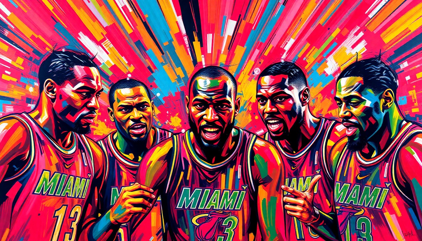 An abstract, energetic painting featuring bold, sweeping brushstrokes in neon shades of orange, pink, and blue, capturing the emotional intensity and passion of the Miami Heat players during their end-of-season interviews.