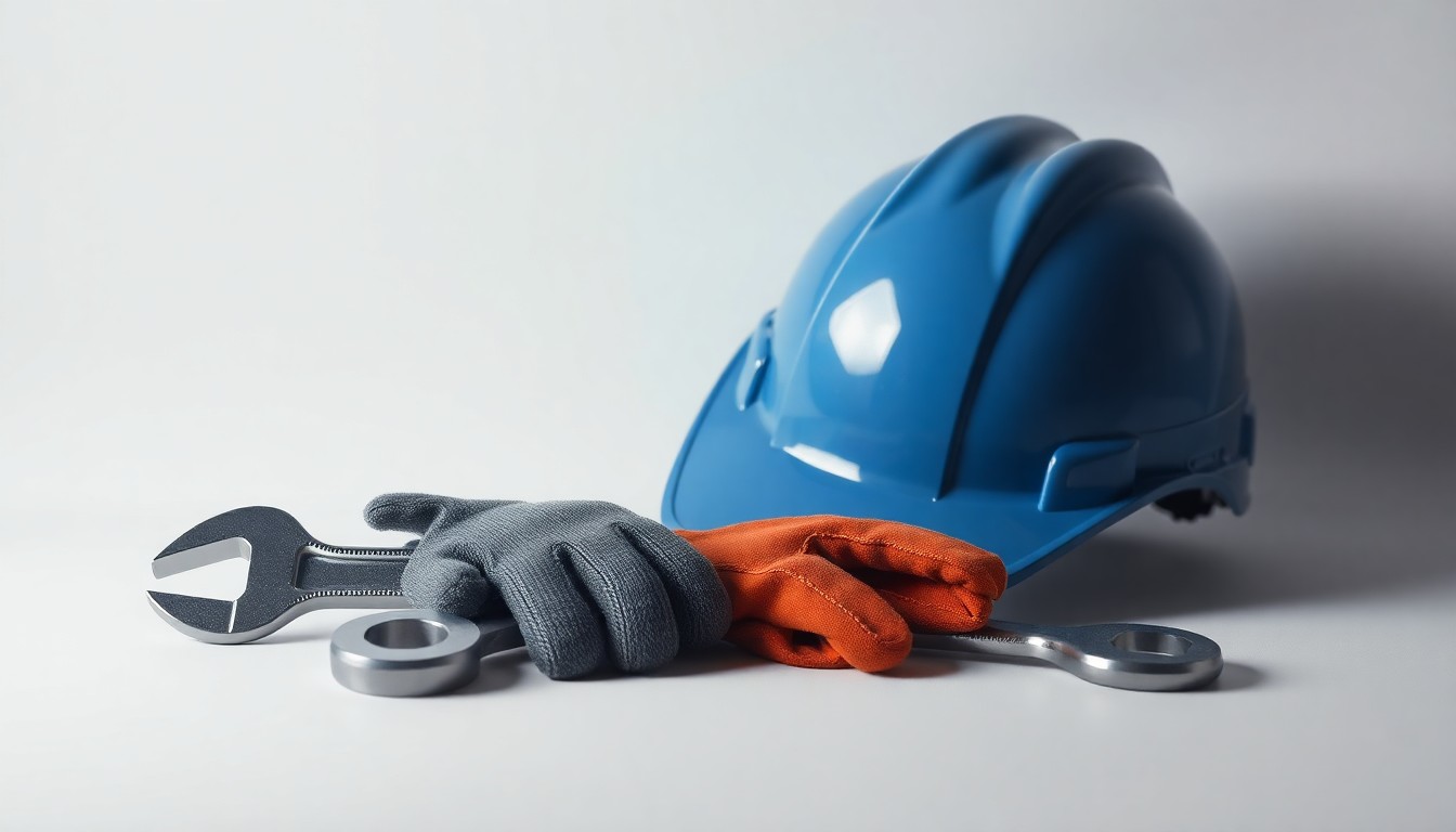 A high-end, photorealistic studio still-life featuring a collection of premium, polished objects like a hard hat, work gloves, and a wrench, arranged elegantly on a clean, monochromatic background and dramatically lit to conceptually represent labor negotiations and workplace safety.