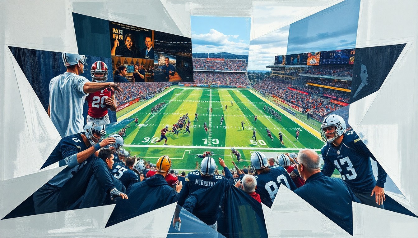 A fragmented, abstract painting depicting a football game broken down into overlapping geometric shapes and planes in a cubist style, conveying the complex and multifaceted nature of the NFL draft process.