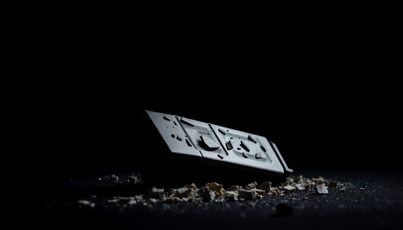 An extreme close-up of a shattered handgun magazine reflecting a harsh, direct camera flash, conceptually representing the violence and tragedy of a domestic murder-suicide.