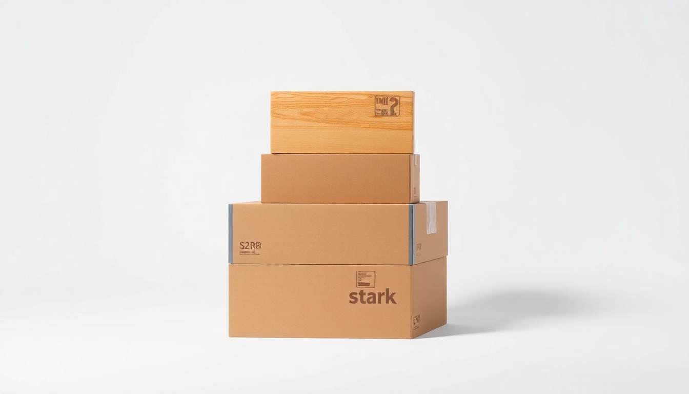 A high-end, photorealistic studio still-life photograph featuring a stack of polished wooden and metal moving boxes arranged elegantly on a clean, white background, conceptually representing the precision and care of Stark Moving and Storage's relocation services.