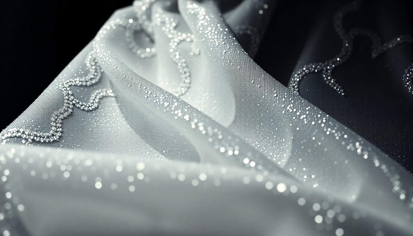 An extreme close-up of a shimmering, sequined wedding dress fabric illuminated by dramatic studio lighting, creating a high-fashion, abstract aesthetic that captures the celebratory mood of the couple's marriage.