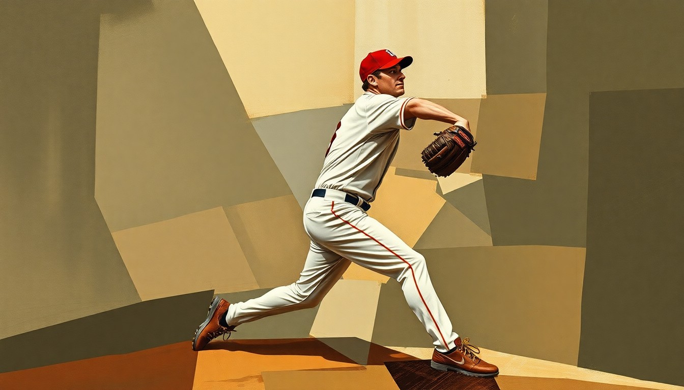 A cubist-style painting depicting a baseball pitcher's motion broken down into fragmented, overlapping geometric shapes in muted earth tones, conveying the complexity and unpredictability of a young pitcher's development.