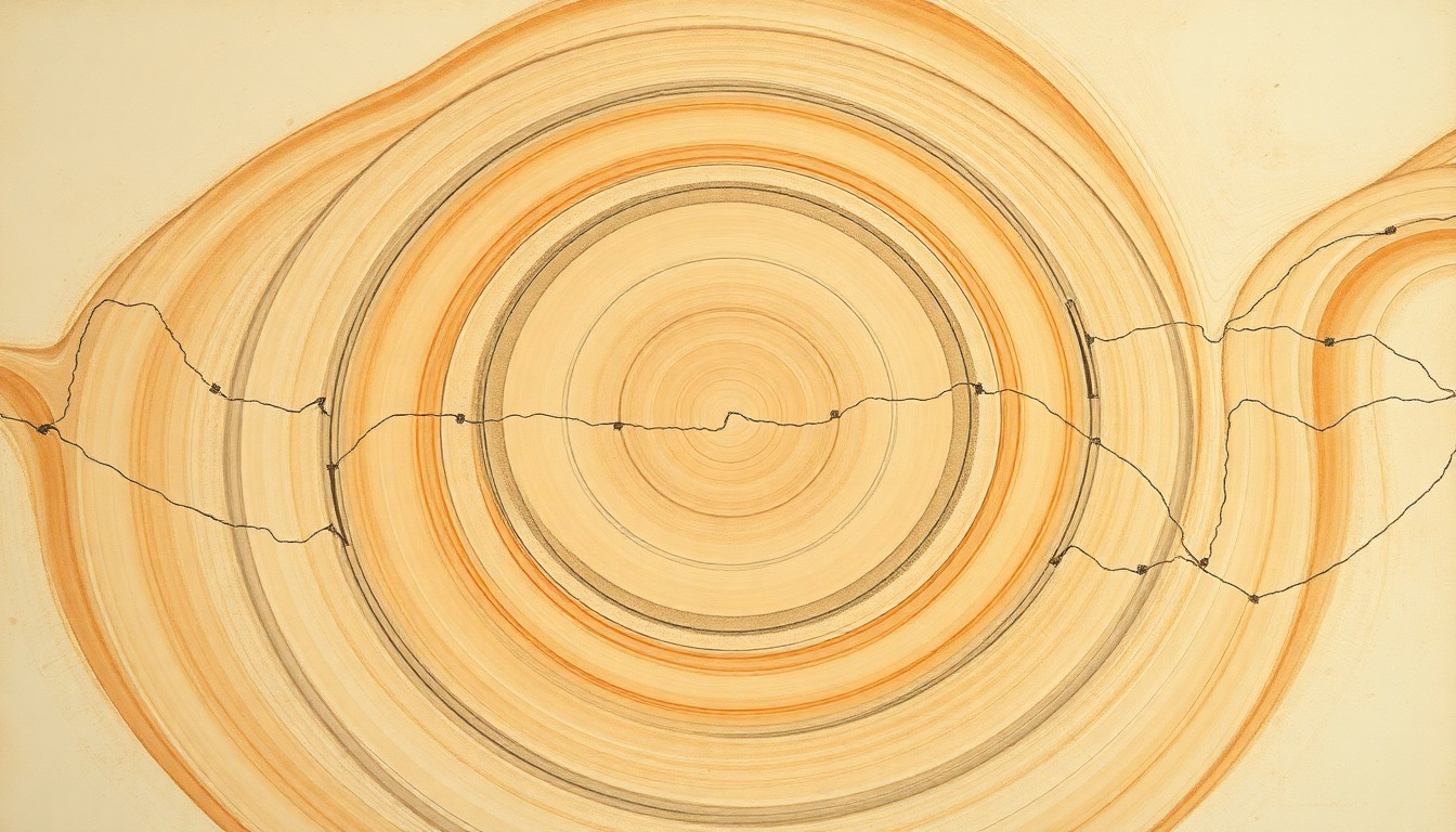 A highly textured, abstract painting in soft earth tones, featuring sweeping geometric arcs and precise natural spirals, conceptually representing the structural evolution of the Colorado River system over millions of years.