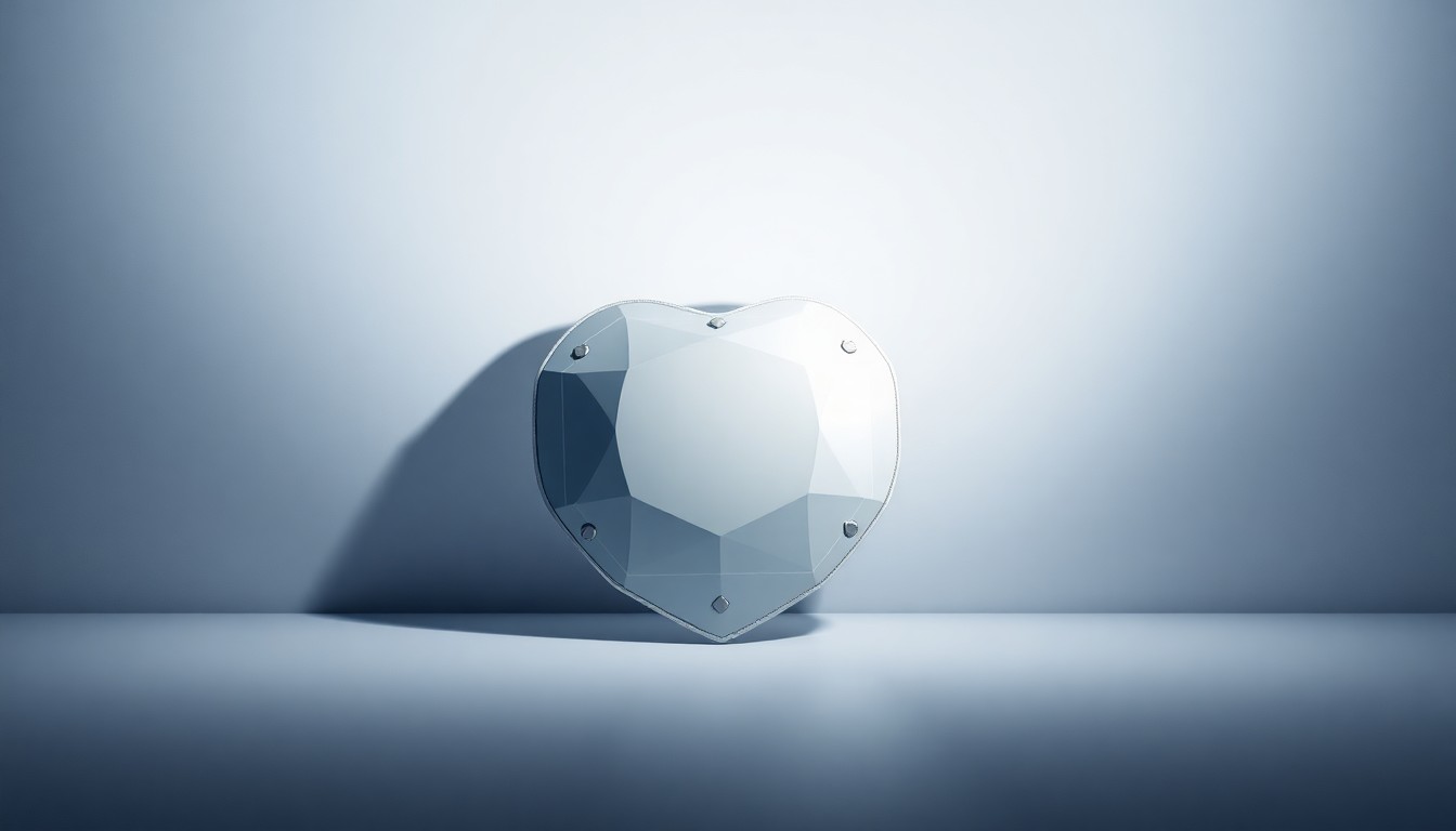 A close-up, photorealistic studio photograph of a polished, geometric cardiac patch device made of premium materials, arranged elegantly on a clean, monochromatic background with dramatic lighting and deep shadows, conceptually representing cardiac health, surgical innovation, and medical technology.