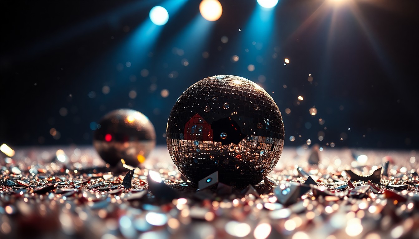 An extreme close-up of shimmering sequins and shards of reflective glass, capturing the glamour and excitement of a major music event through abstract textures and dramatic lighting.