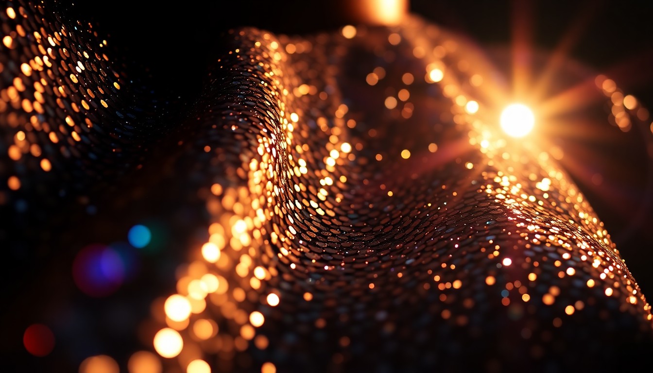 An extreme close-up photograph of shimmering, glittering sequins in a high-contrast, high-fashion studio lighting setup, capturing the luxurious, glamorous energy of the new music.