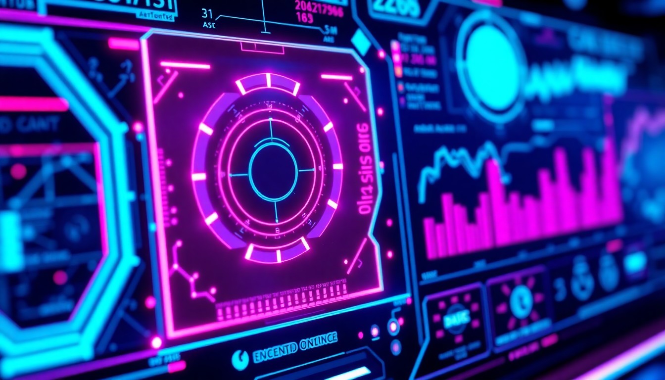 A highly detailed, 3D macro illustration of a glowing, neon-lit cybernetic control panel or data visualization dashboard, representing the advanced AI and content intelligence capabilities of Kaltura's new platform. The panel features geometric shapes, pulsing lights, and abstract data visualizations in a palette of luminous cyan, magenta, and deep indigo, conceptually illustrating the platform's ability to power responsive, data-driven digital experiences.