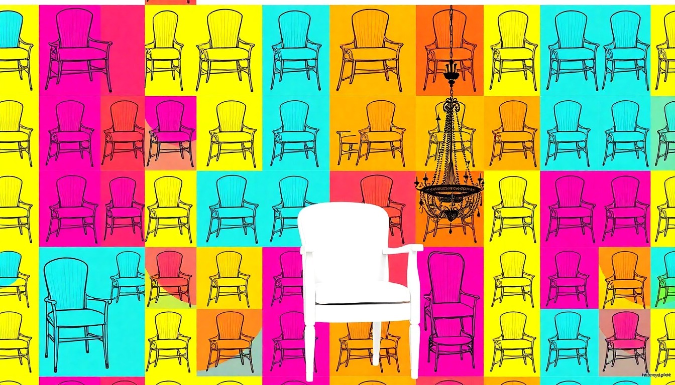 A high-contrast silkscreen print in a grid pattern, featuring a single white farmhouse-style chair repeated multiple times in a variety of bright, unnatural colors like neon pink, yellow, and blue, conceptually representing the Carrs' transformation of their 1880s home into a dreamy French-inspired retreat.