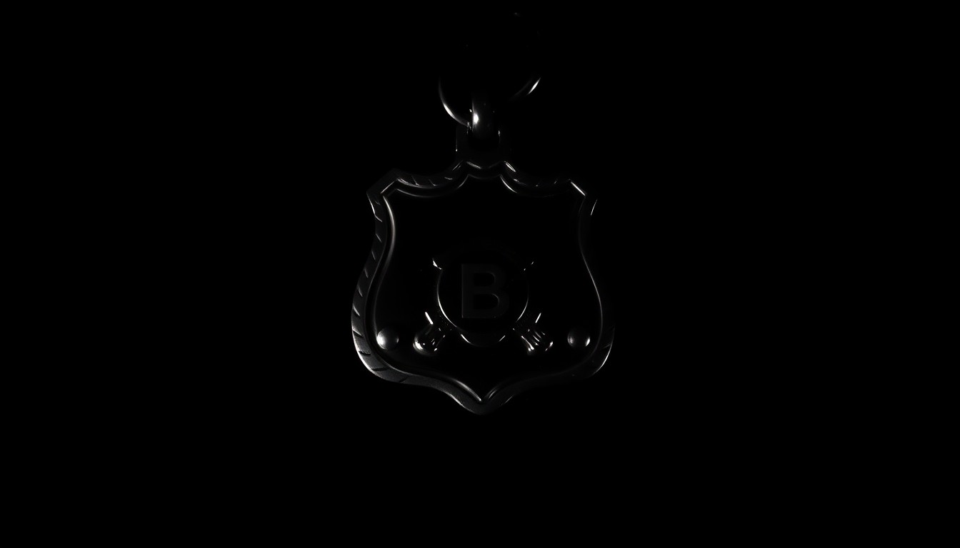 An extreme close-up photograph of a police badge or handcuffs against a pitch-black background, the harsh flash creating dramatic shadows and textures to convey a sense of the gravity and complexity of officer-involved shootings.