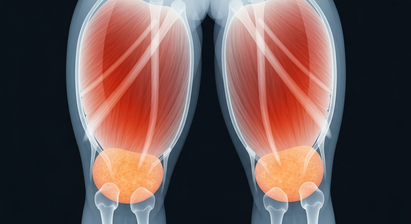 An extreme close-up X-ray photograph showing the internal structure of a human thigh muscle, with visible streaks of fat replacing healthy muscle fibers, conceptually illustrating the degenerative effects of a diet high in ultra-processed foods.