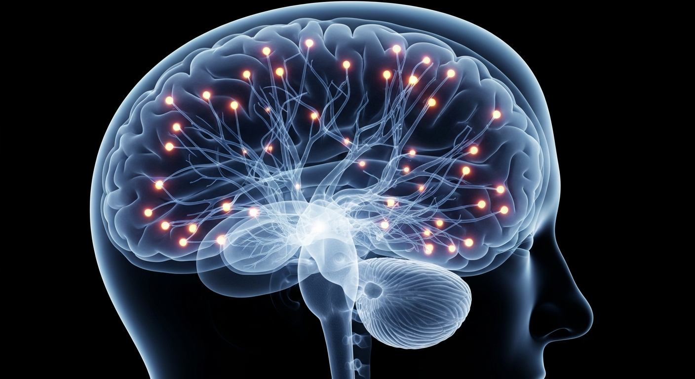 A ghostly, translucent X-ray image of a human brain in profile, with glowing synaptic connections and neural pathways, conceptually illustrating the intricate inner workings of the brain and the potential of a new depression treatment.
